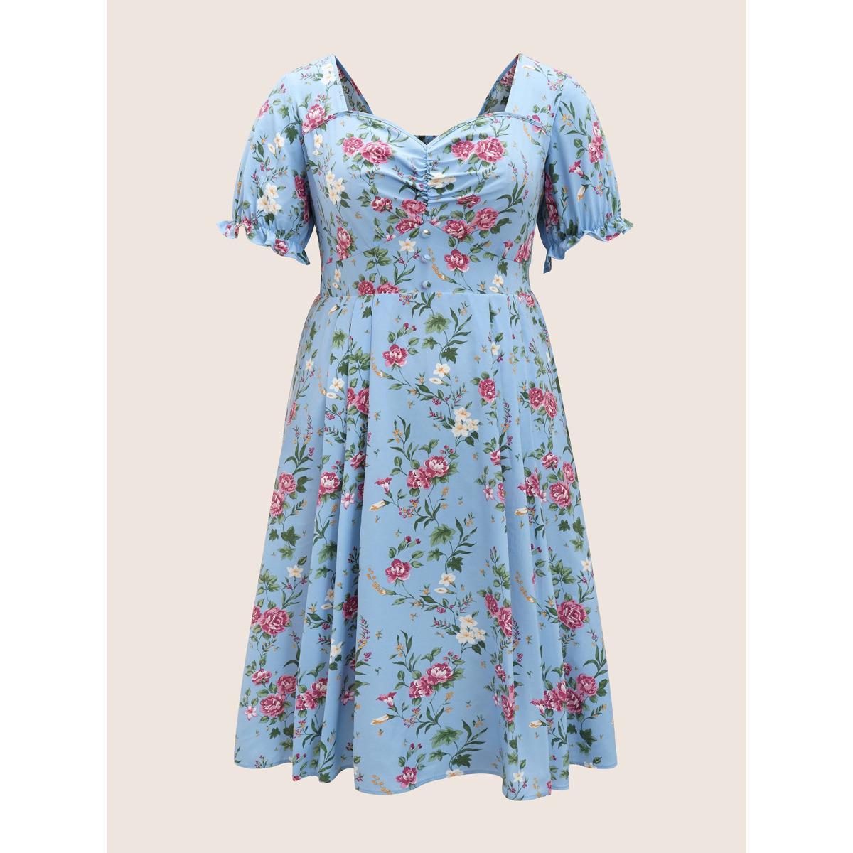 Plus Size Floral Heart Neckline Shirred Lantern Sleeve Dress LightBlue Women Elegant Gathered Heart neckline Short sleeve Curvy Midi Dress BloomChic 12/L Product Image