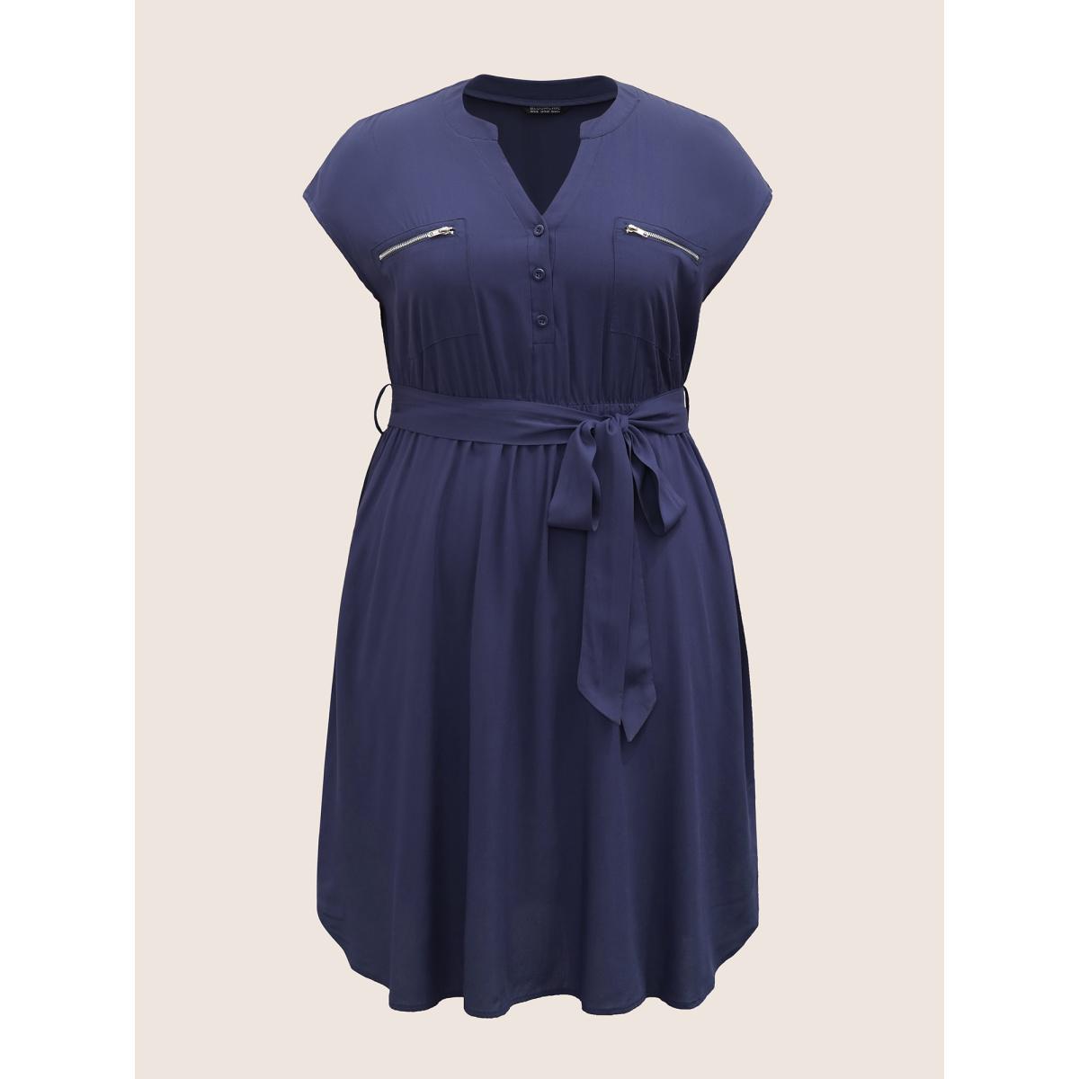 Plus Size Supersoft Essentials Solid Belted Zipper Dress Navy Women At the Office Non Notched collar Sleeveless Curvy Midi Dress BloomChic 30/6X Product Image