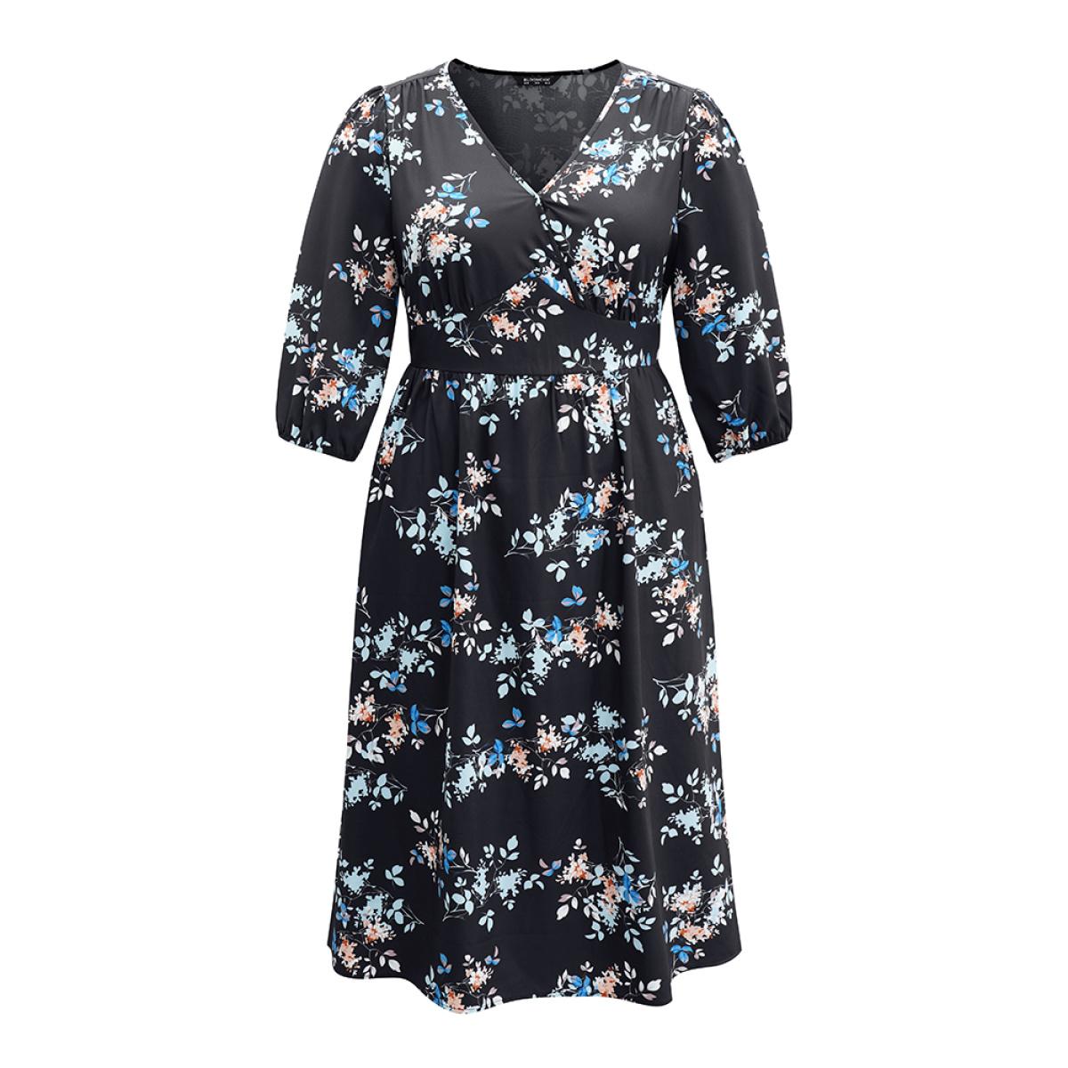 Plus Size Floral Wrap Gathered Lantern Sleeve Dress Multicolor Women Vacation Elastic cuffs Overlap Collar Elbow-length sleeve Curvy Midi Dress BloomChic 22-24/3X Product Image