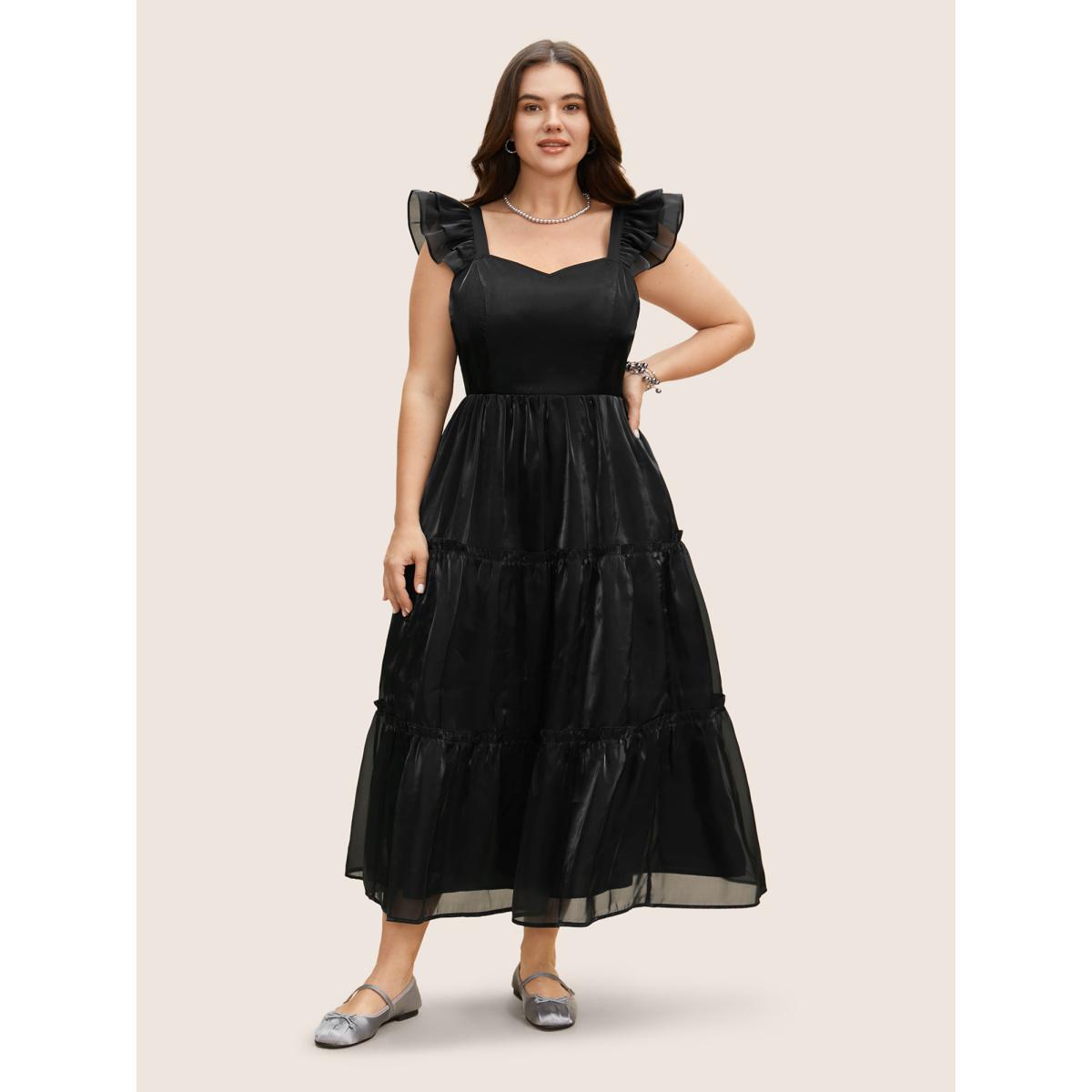 Plus Size Organza Heart Neckline Ruffle Trim Maxi Dress Black Women Formal See through Non Cap Sleeve Curvy BloomChic 22-24/3X Product Image