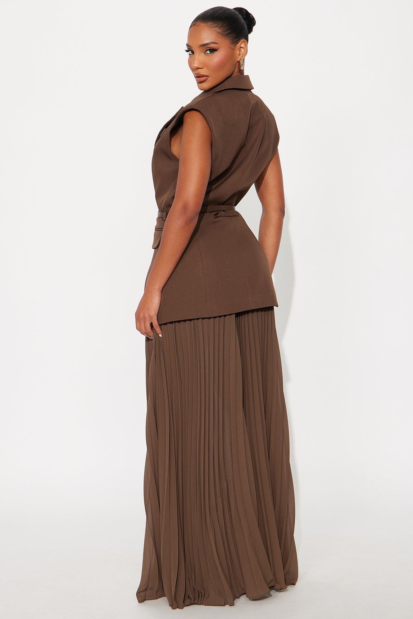 Aria Belted Blazer Pleated Maxi Skirt Set - Chocolate Female Product Image