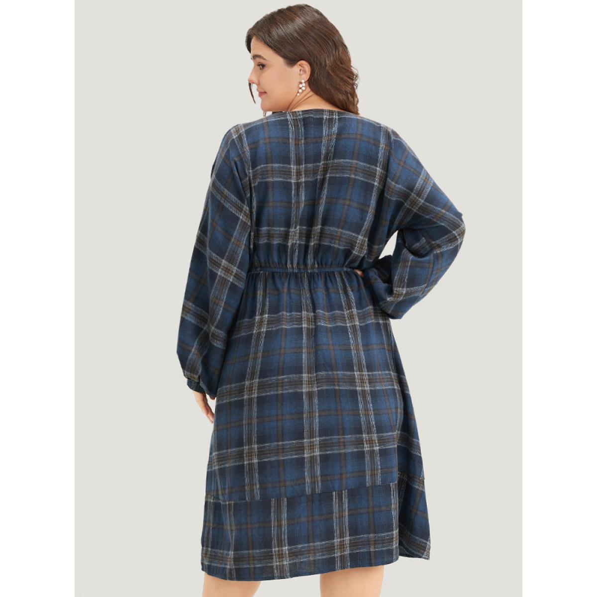 Plus Size Plaid Notched Button Up Lantern Sleeve Dress Aegean Women Casual Elastic cuffs Notched collar Long Sleeve Curvy Midi Dress BloomChic 14-16/1X Product Image