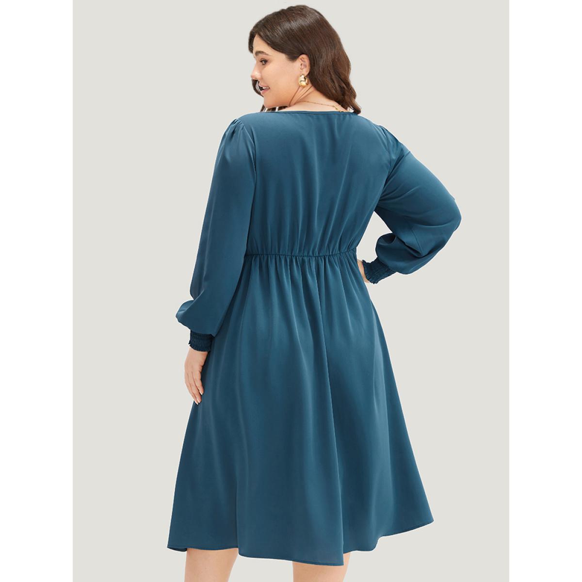 Plus Size Plain Shirred Ruched Split Side Dress Aegean Women Elegant Plain Square Neck Long Sleeve Curvy Midi Dress BloomChic 14-16/1X Product Image