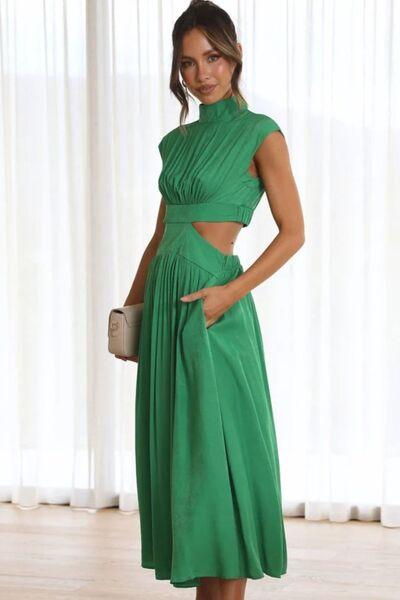 Cutout Mock Neck Sleeveless Ruched Dress Product Image