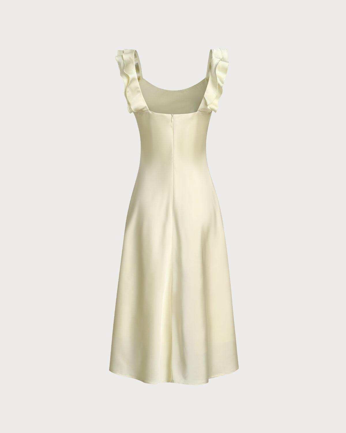 Yellow Square Neck Ruffle Satin Midi Dress Product Image