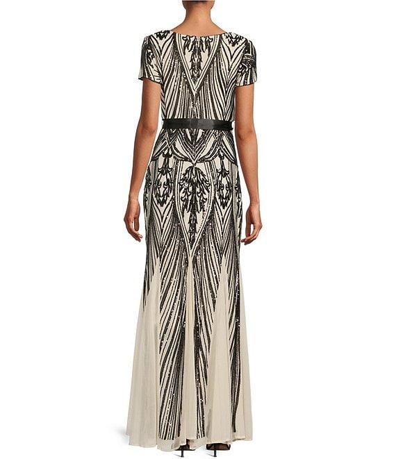 R & M Richards Short Sleeve Sweetheart Neck Embellished Sequin Panel Godet Dress Product Image