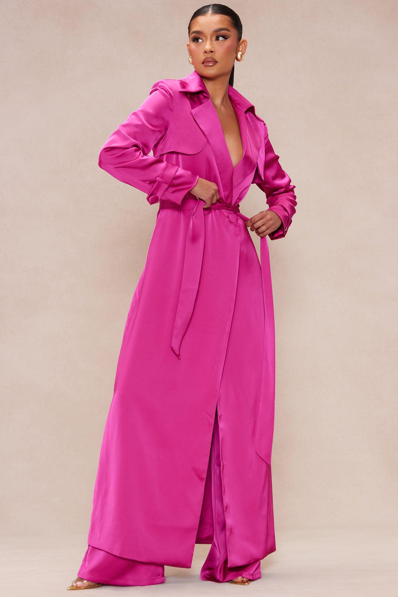 Gabriella Satin Trench Coat And Pant Set - Hot Pink Product Image