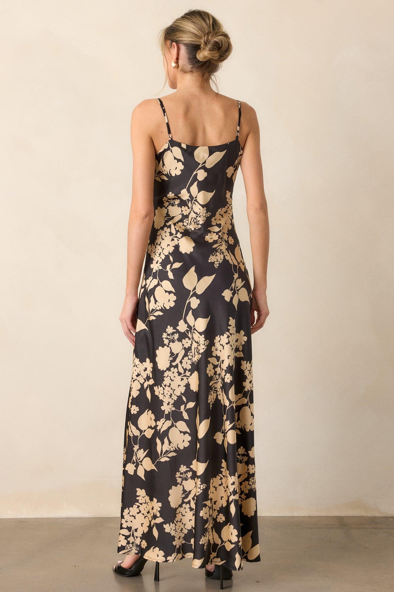 Crescent Glow Black Floral Satin Maxi Dress Product Image