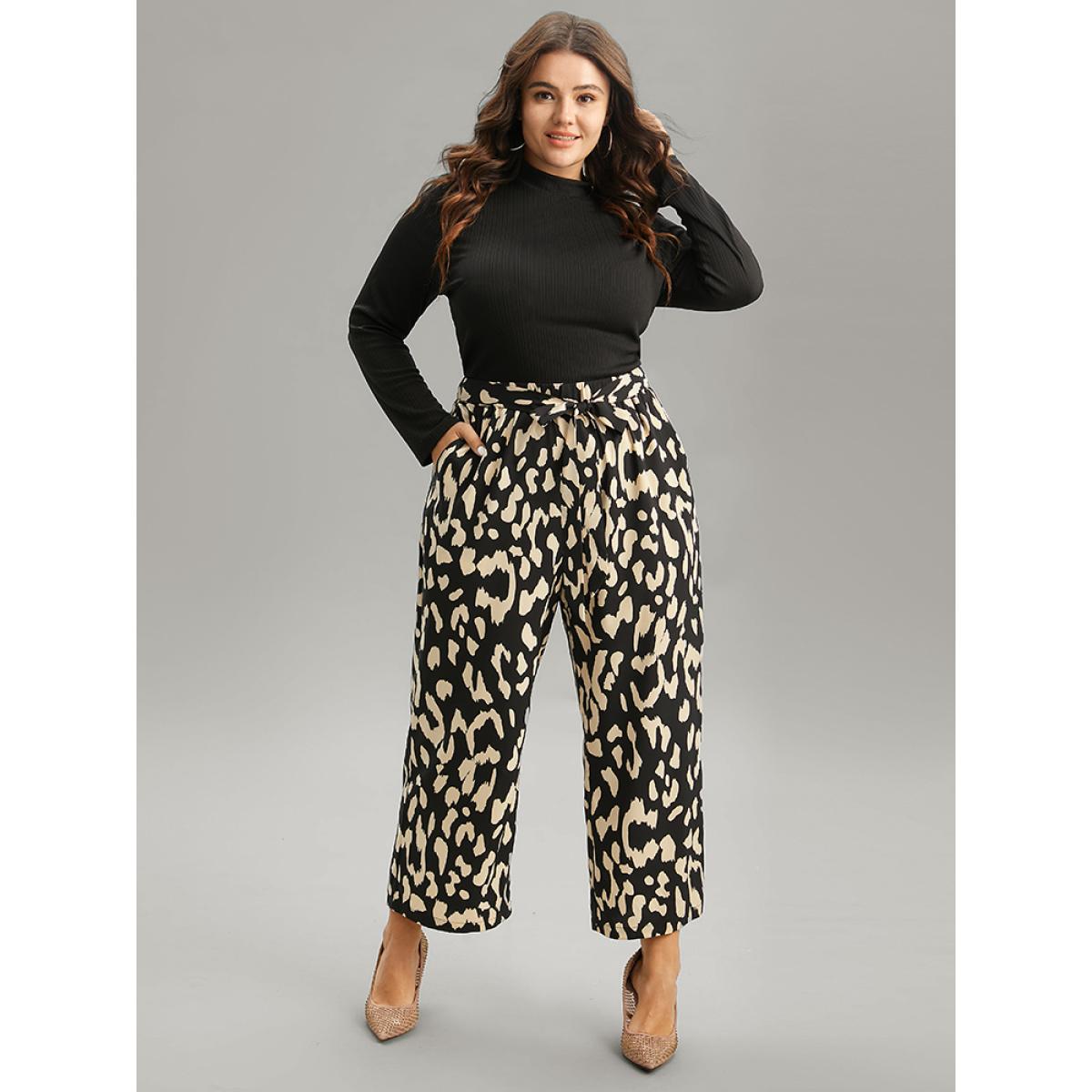 Plus Size Leopard Elastic Waist Ties Wide Leg Pants Women Black Casual Wide Leg High Rise Dailywear Pants BloomChic 28/5X Product Image