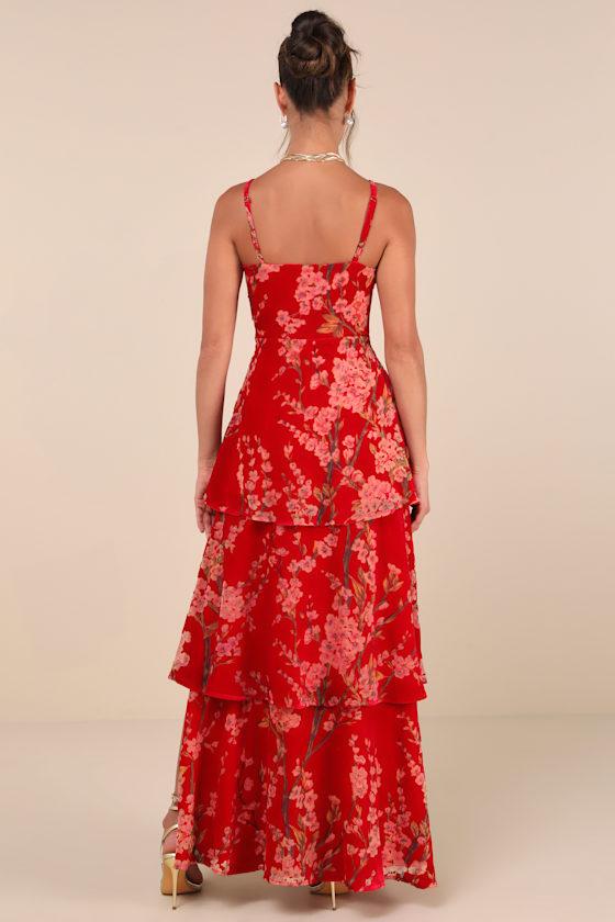 I Love You Amore Red Floral Velvet Tiered Maxi Dress Product Image