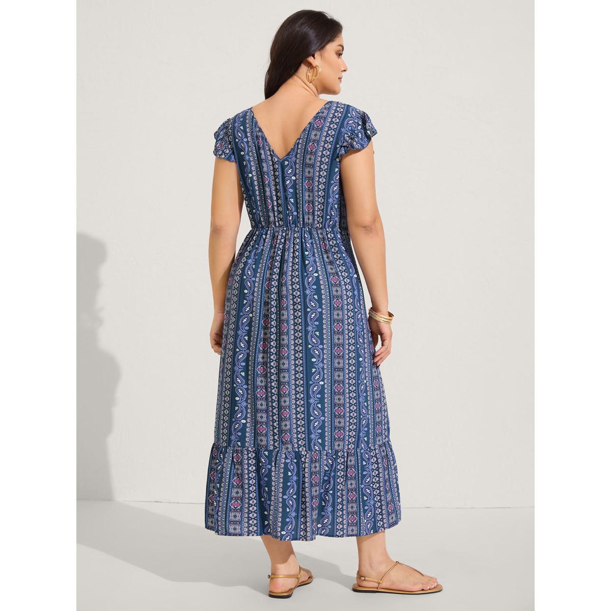 Plus Size Boho Stripes High Waisted Midi Dress DarkBlue Women Boho V-neck Sleeveless Curvy BloomChic 18-20/2X Product Image