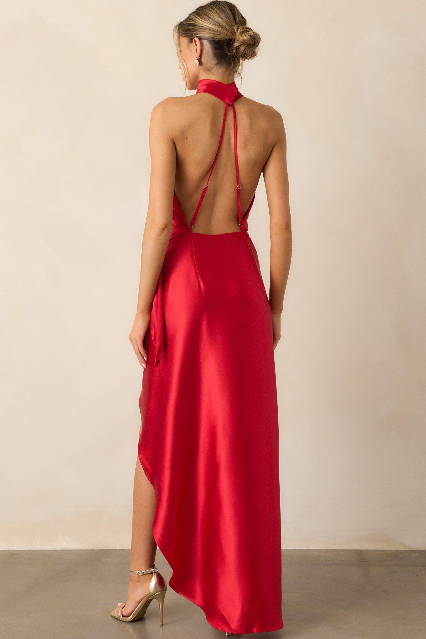 A Night Out Red Satin Halter Neck Maxi Dress Product Image