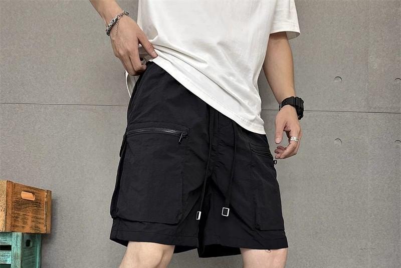Drawstring Waist Plain Wide Leg Cargo Shorts Product Image