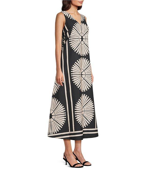 Gibson & Latimer Woven Fan Print V-Neck Sleeveless A-Line Flounce Maxi Dress Product Image