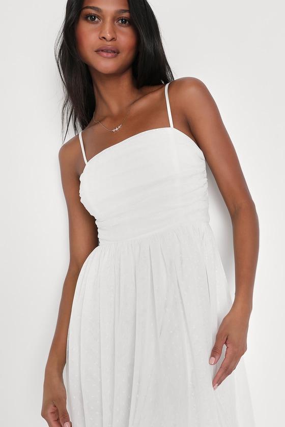 Darling Sweetheart White Swiss Dot Ruched Midi Dress Product Image