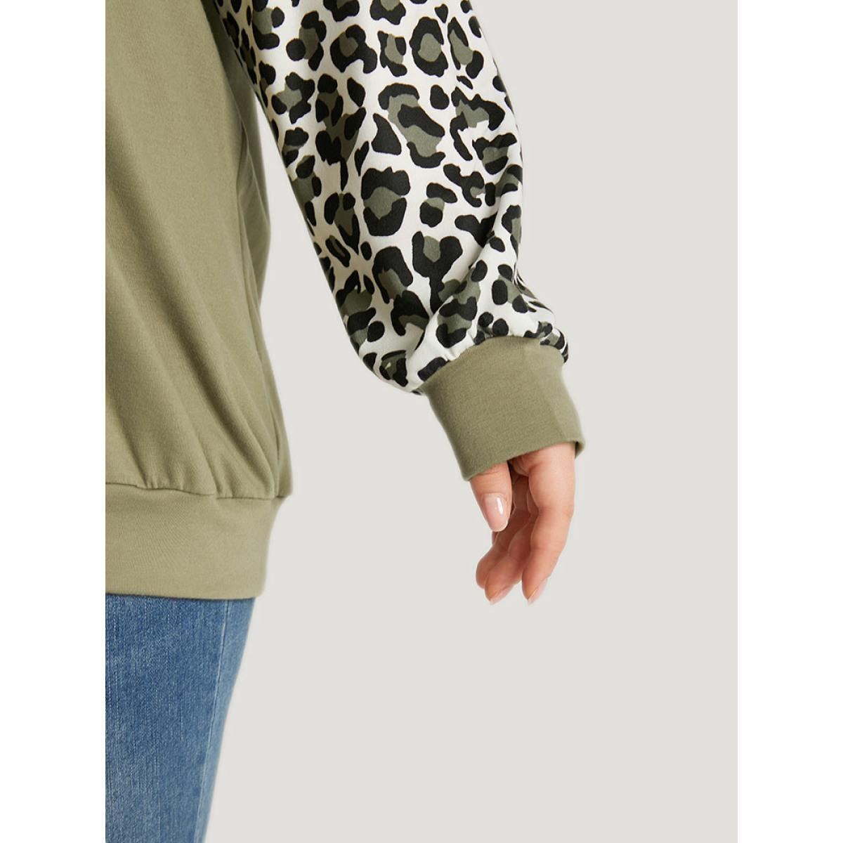 Plus Size Leopard Patchwork Crisscross Neck Elastic Cuffs Sweatshirt Women Sage Casual Elastic cuffs V-neck Dailywear Sweatshirts BloomChic 22-24/3X Product Image