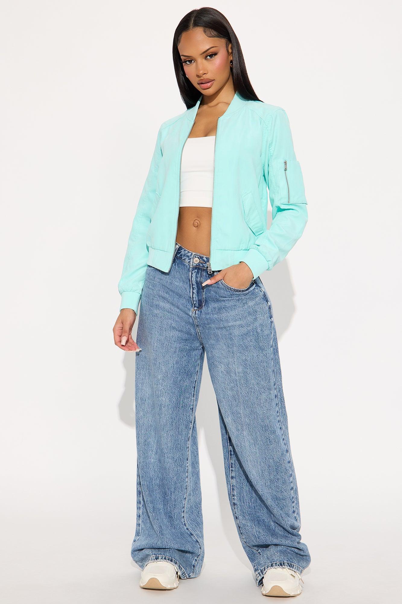Good Vibes Faux Suede Bomber Jacket - Aqua Female Product Image
