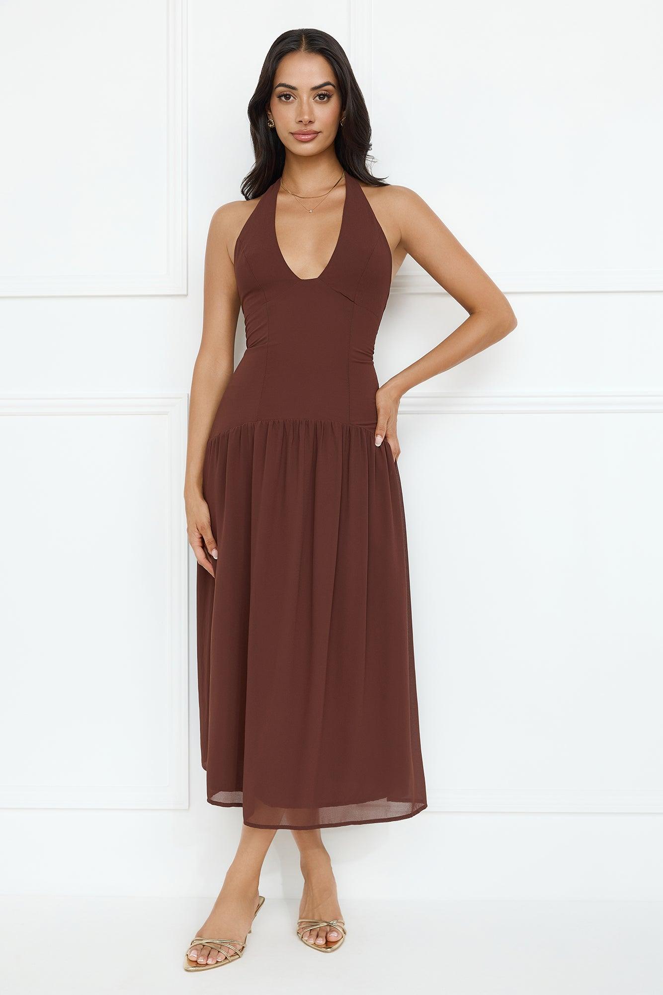 Sassy Style Halter Midi Dress Brown Product Image