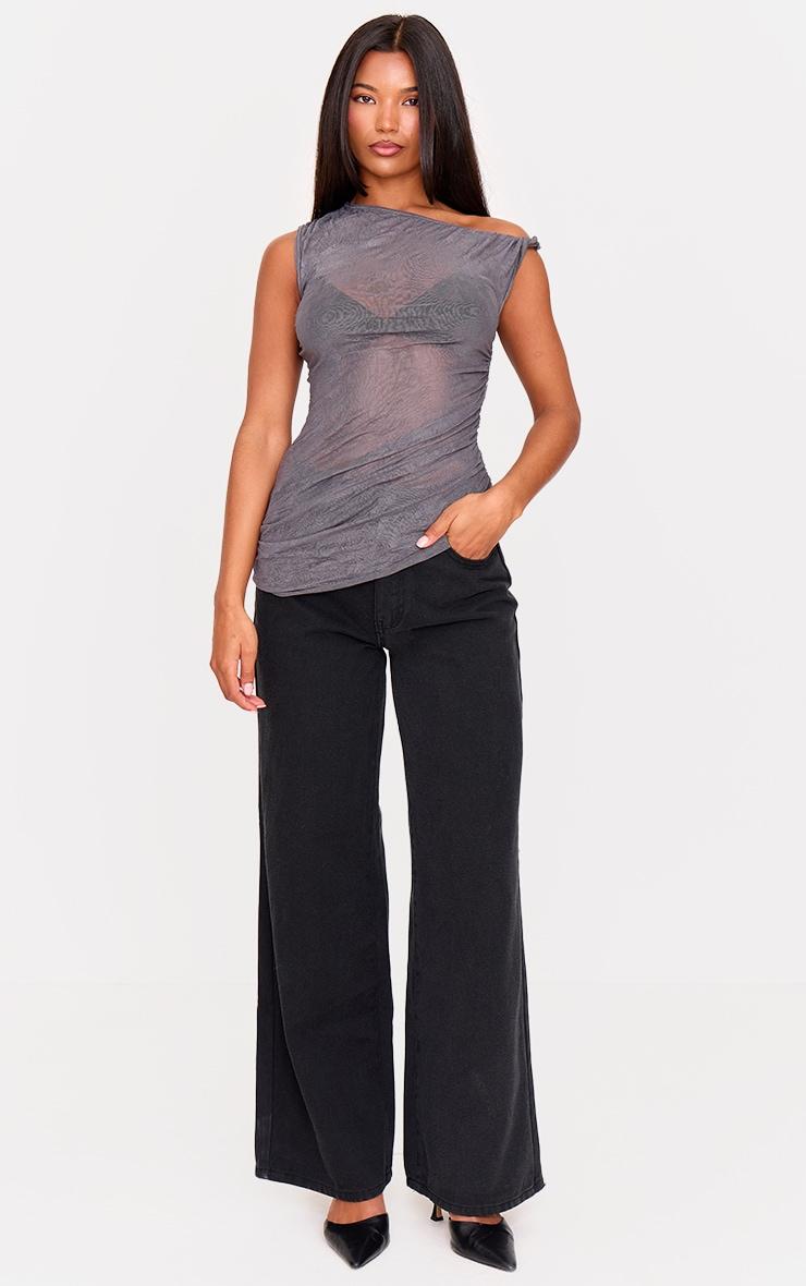 Charcoal Crinkle Mesh Twist Sleeve Detail Long Top Product Image