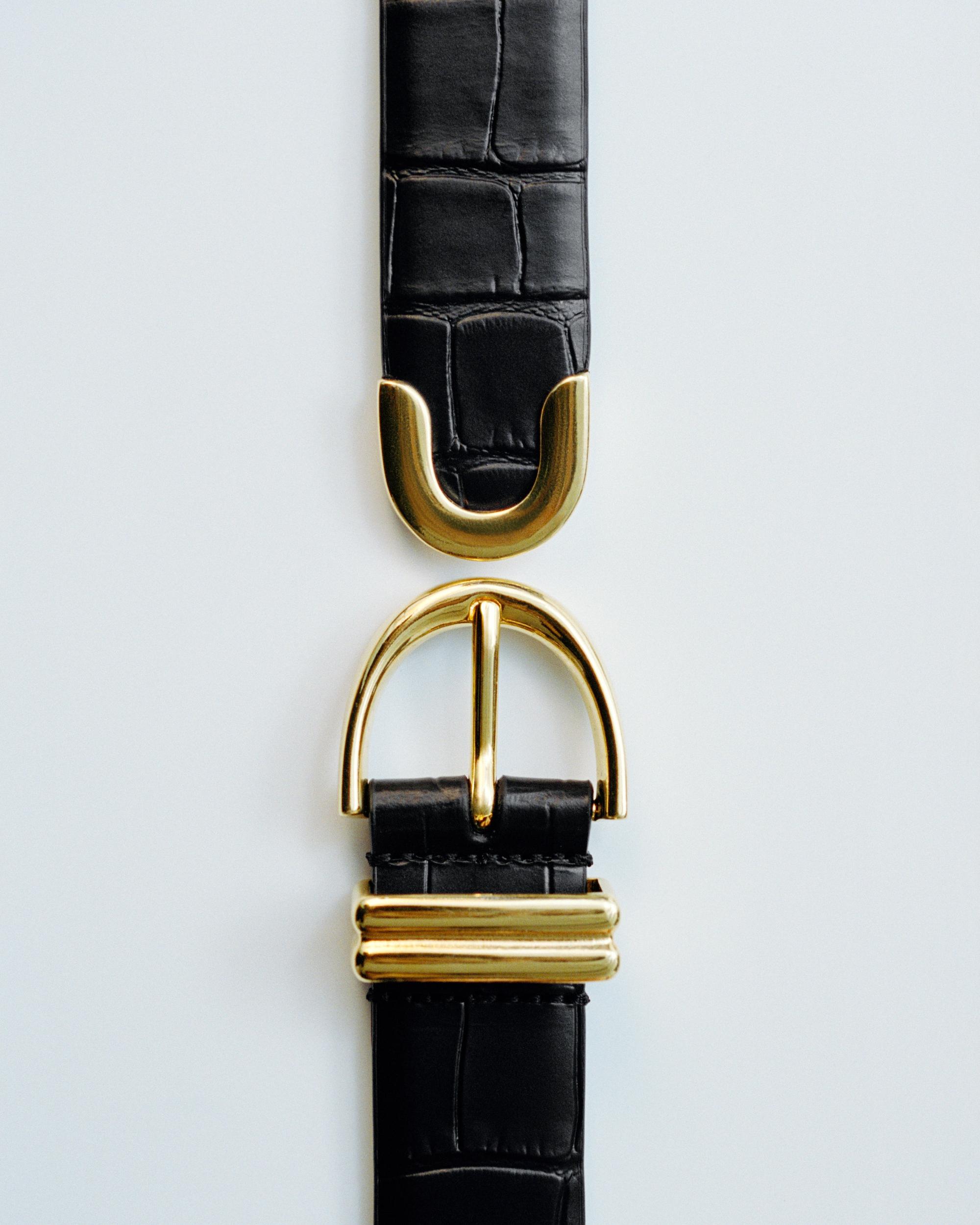 Bambi Belt in Black Croc-Embossed Leather with Gold Product Image