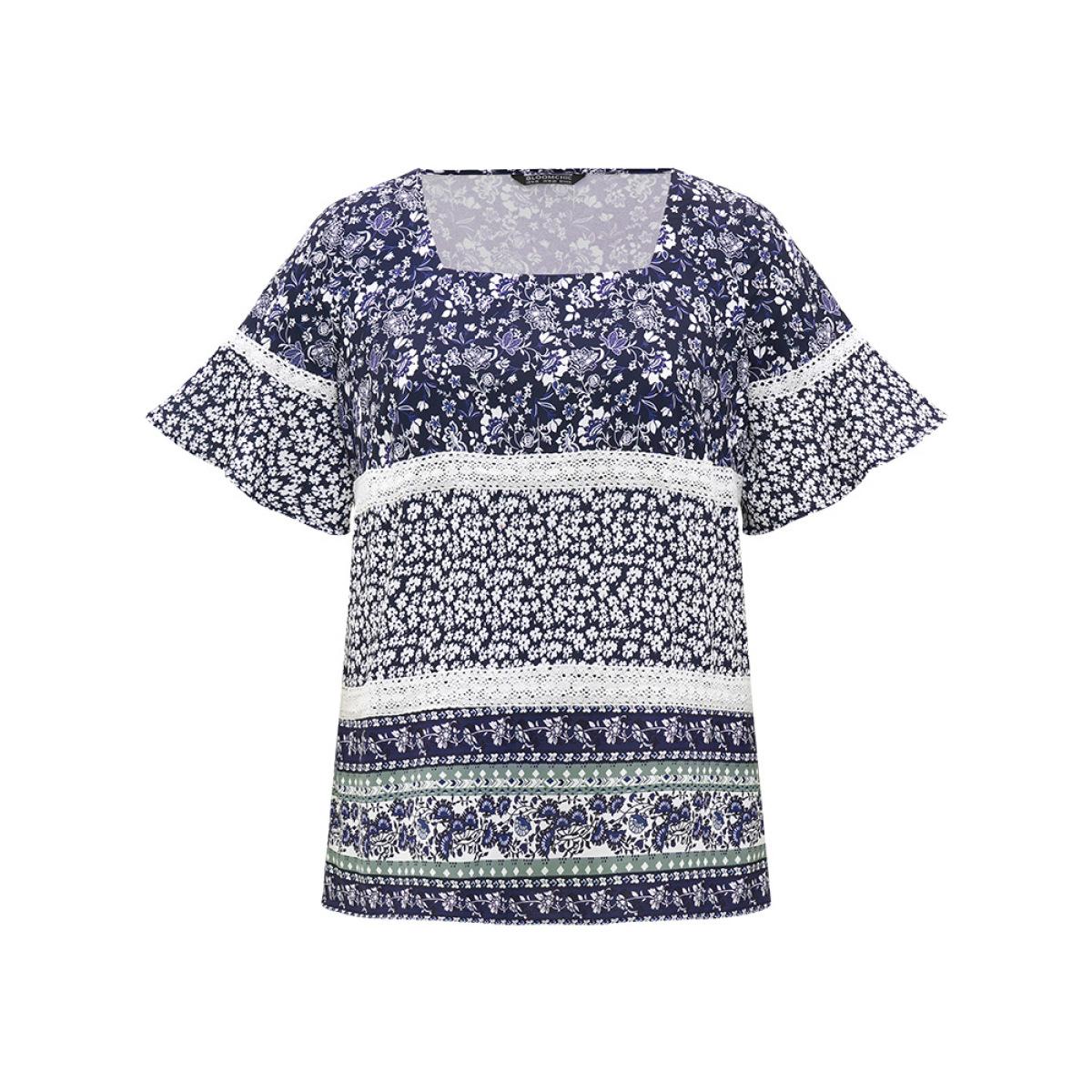 Plus Size Indigo Ditsy Floral Patchwork Square Neck Flutter Sleeve Blouse Women Elegant Half Sleeve Square Neck Dailywear Blouses BloomChic 10/M Product Image