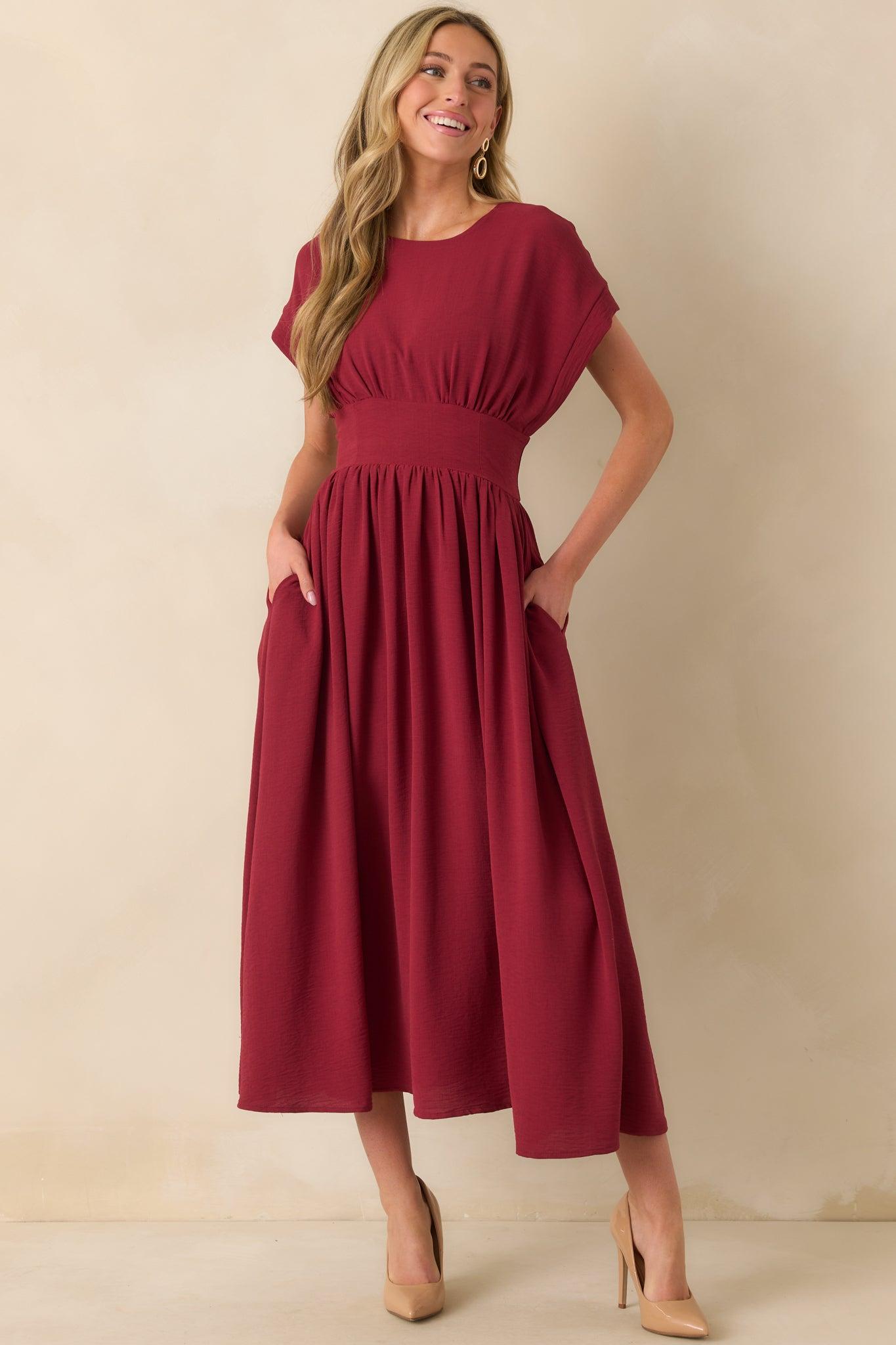 Faded Photographs Burgundy Chiffon Cap Sleeve Maxi Dress Product Image