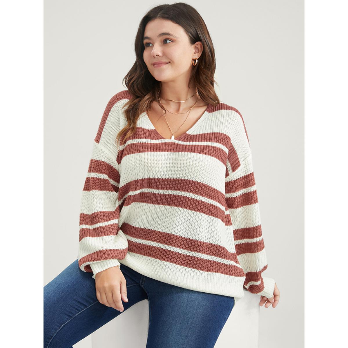 Plus Size Striped Contrast Pointelle Knit Lantern Sleeve Knit Top White Women Casual Loose Long Sleeve V-neck Dailywear Pullovers BloomChic 30/6X Product Image