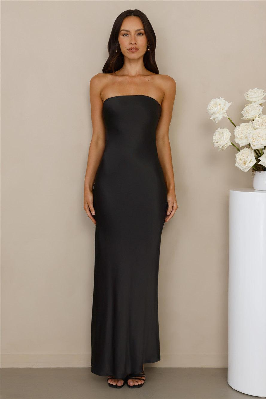 The Felicity Strapless Satin Maxi Dress Black Product Image