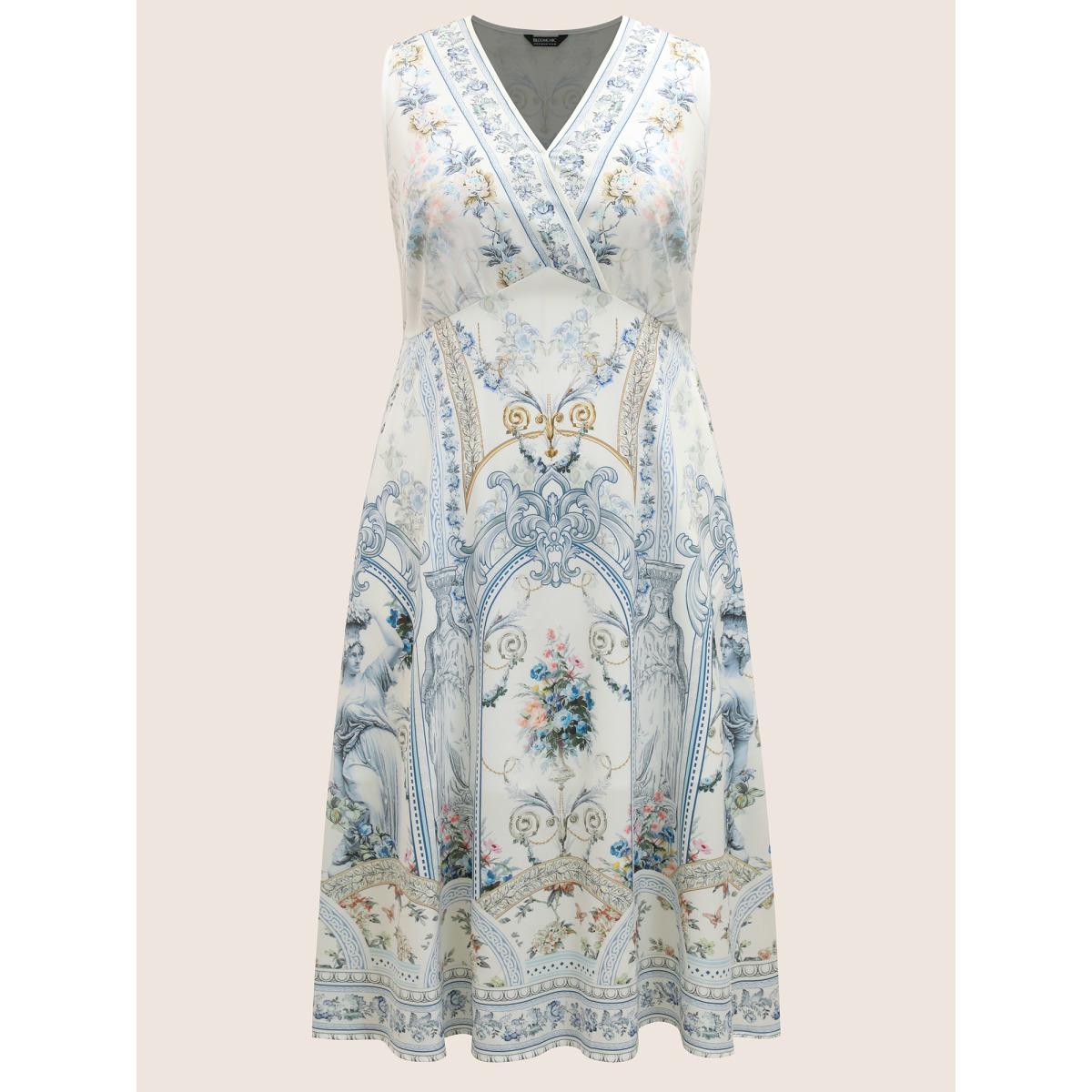 Plus Size V Neck Boho Print Sleeveless Midi Dress Originalwhite Women Resort Gathered V-neck Sleeveless Curvy BloomChic 30/6X Product Image