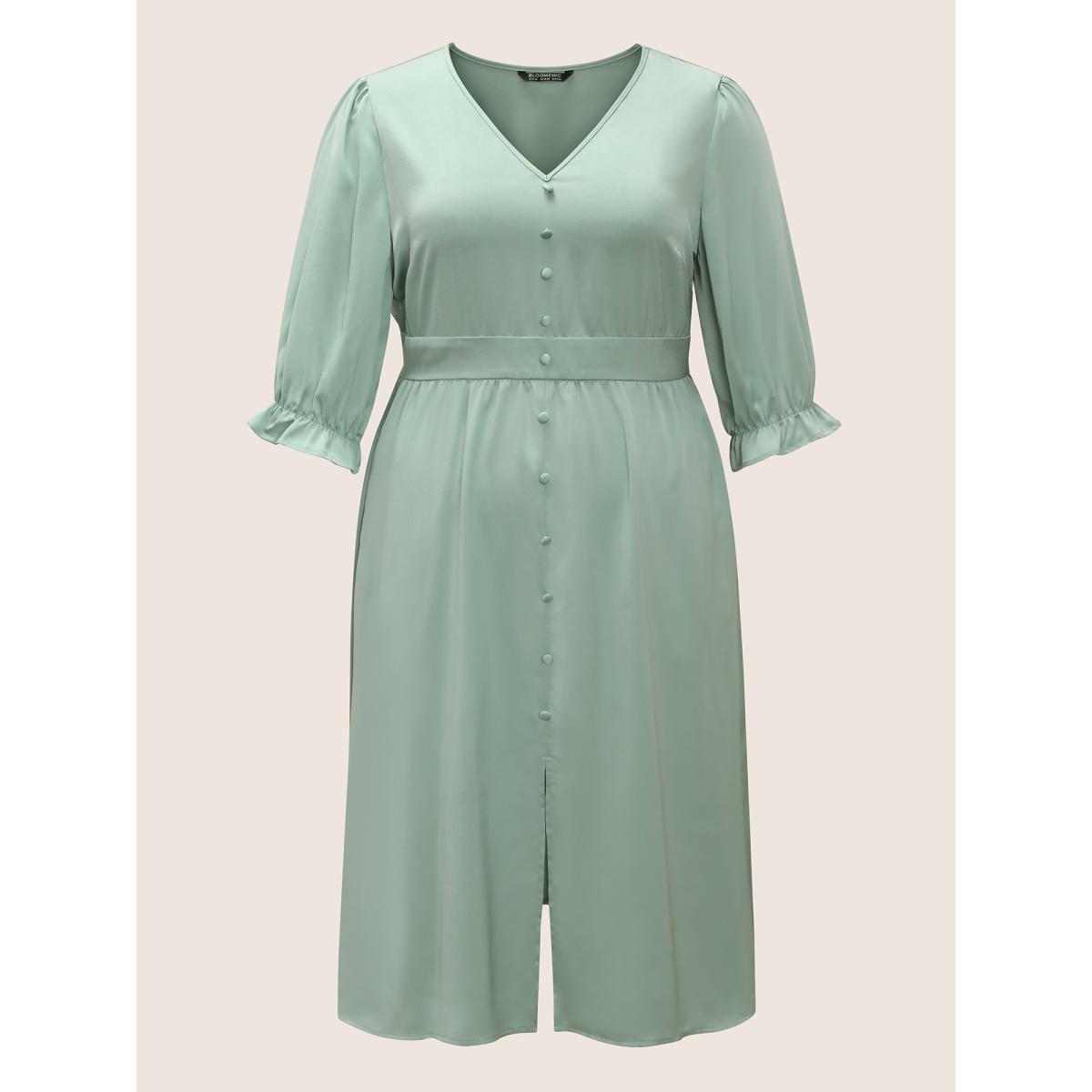 Plus Size Plain Ruffles Button Detail Split Front Satin Dress Turquoise Women Elegant Non V-neck Elbow-length sleeve Curvy Midi Dress BloomChic 28/5X Product Image