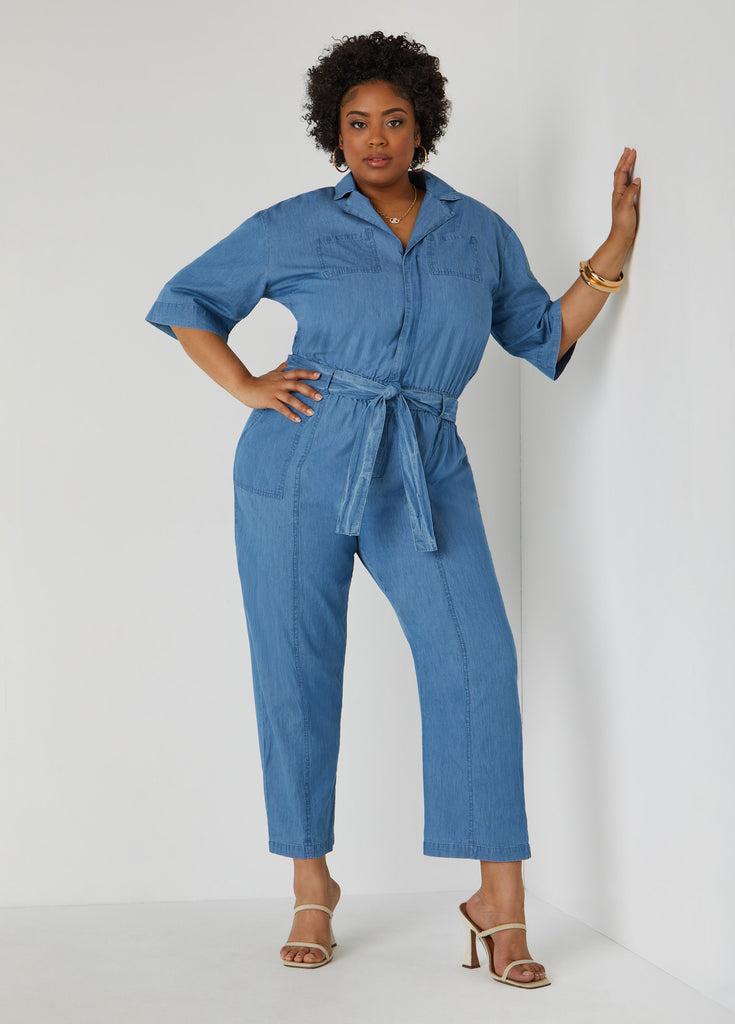 Plus Size Belted Chambray Jumpsuit Ashley Stewart Product Image