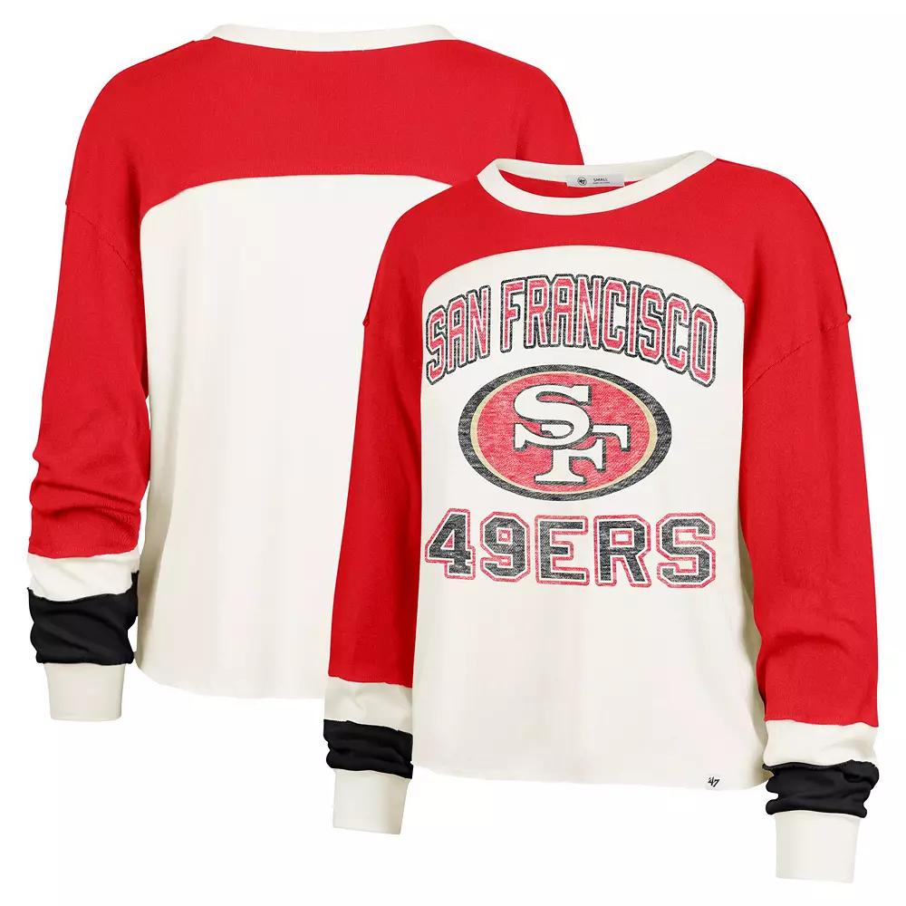 Women's '47 Cream San Francisco 49ers Double Header Curve Raglan Long Sleeve Crop Top, Size: Large, Beige Product Image
