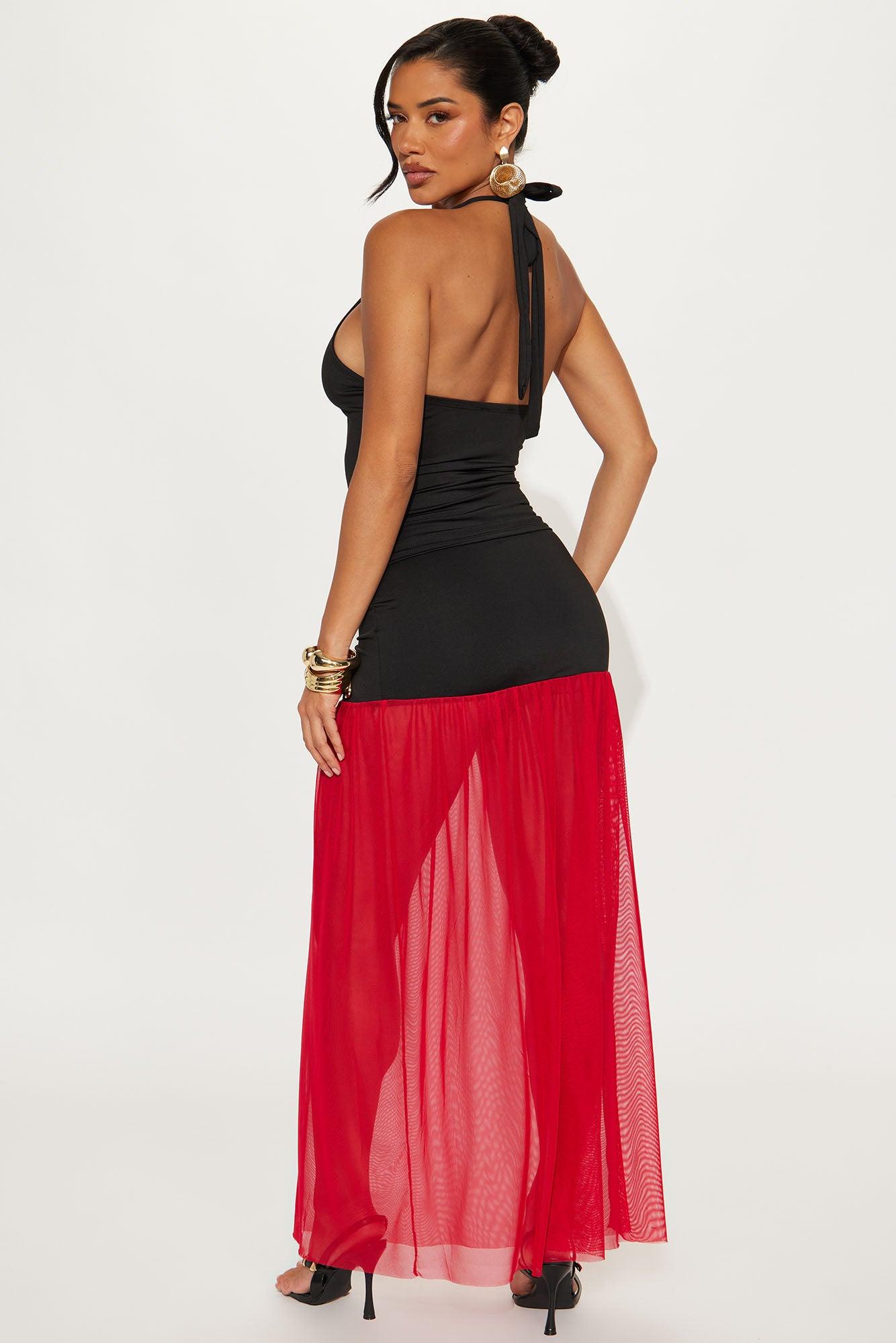 Stole Your Attention Mesh Maxi Skirt Set - Black/Red Product Image