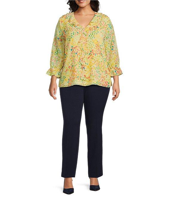 Investments Plus Size Riley Woven Sunshine Clustered Buds Cascading Ruffle V-Neck 3/4 Sleeve Top Product Image