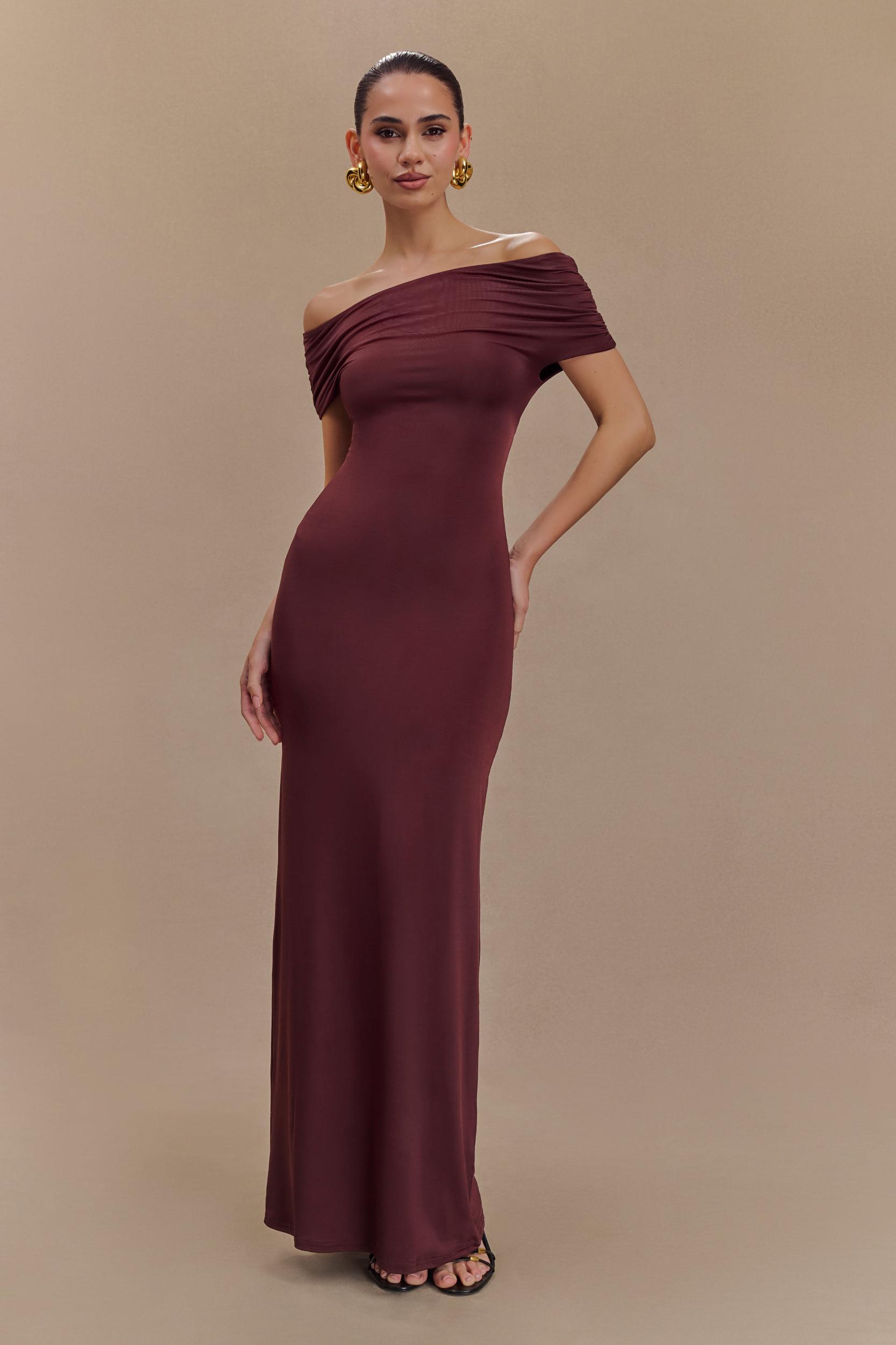 Imogen Off Shoulder Slinky Maxi Dress - Mahogany Product Image