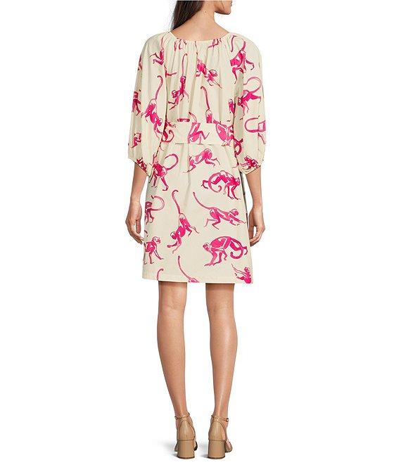 FRANCES VALENTINE Bliss Cotton Poplin Monkey Print Scoop Neck 3/4 Puff Sleeve Dress Product Image