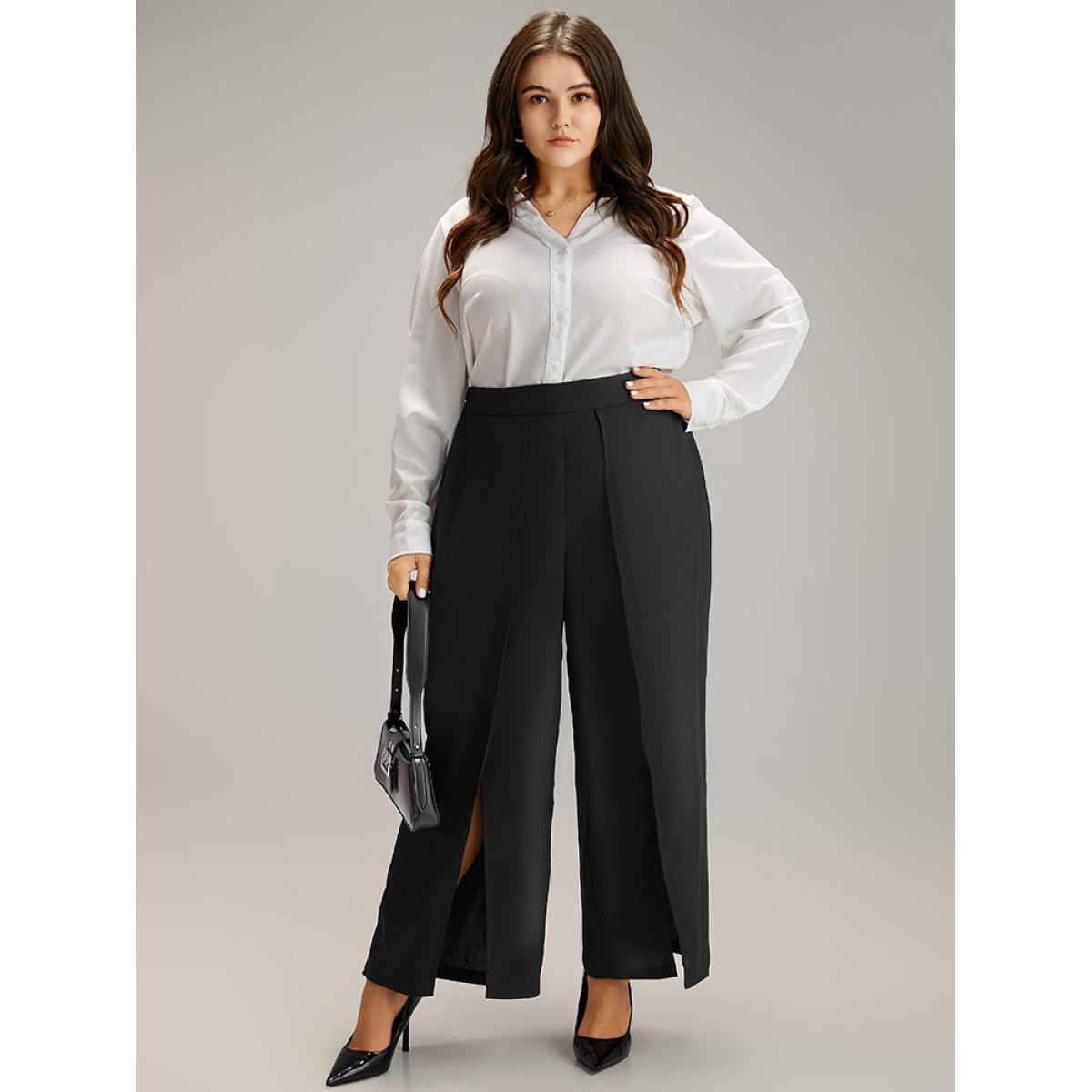 Plus Size Plain High Rise Split Hem Pants Women Black At the Office Straight Leg High Rise Office Pants BloomChic 30/6X Product Image