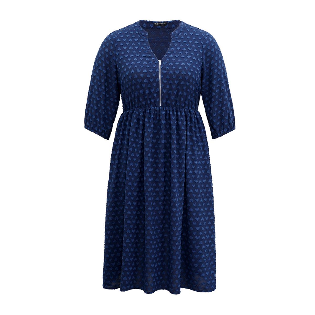Plus Size Plain Heart Textured Half Zip Notched Dress Indigo Women Office Elastic cuffs Notched collar Elbow-length sleeve Curvy Midi Dress BloomChic 10/M Product Image