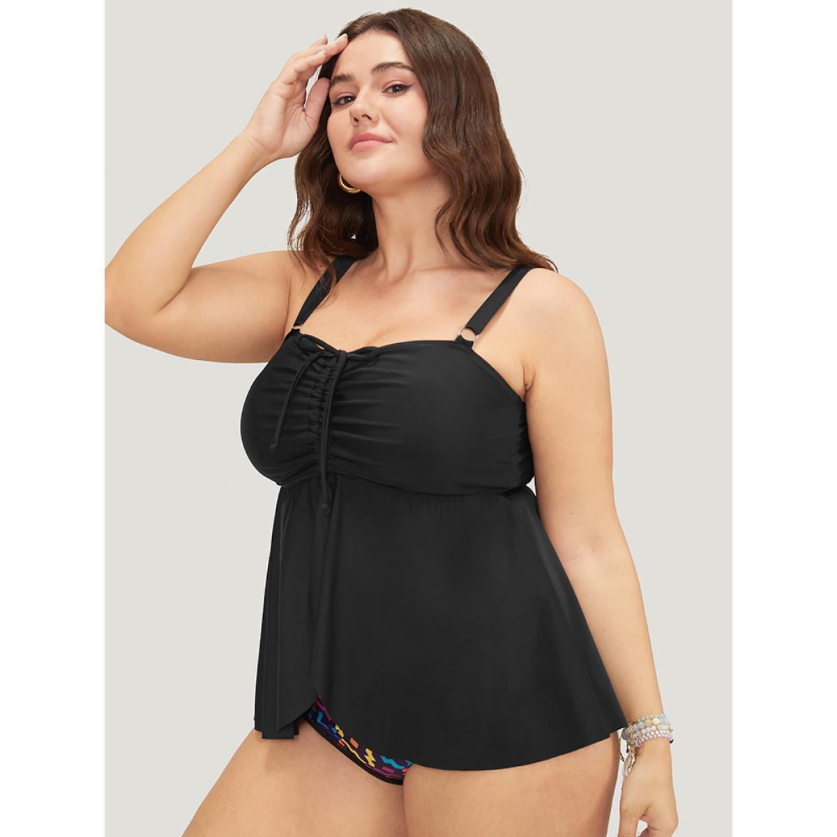 Plus Size Drawstring Front Ruched Flutter Split Hem Swim Dress Women's Swimwear Black Beach Bodycon High stretch Curve Swim Dresses BloomChic 30/6X Product Image