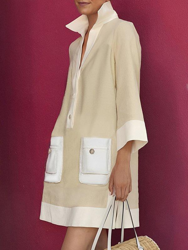 A-Line Loose Buttoned Contrast Color Pockets Stand Collar Mini Dresses Product Image