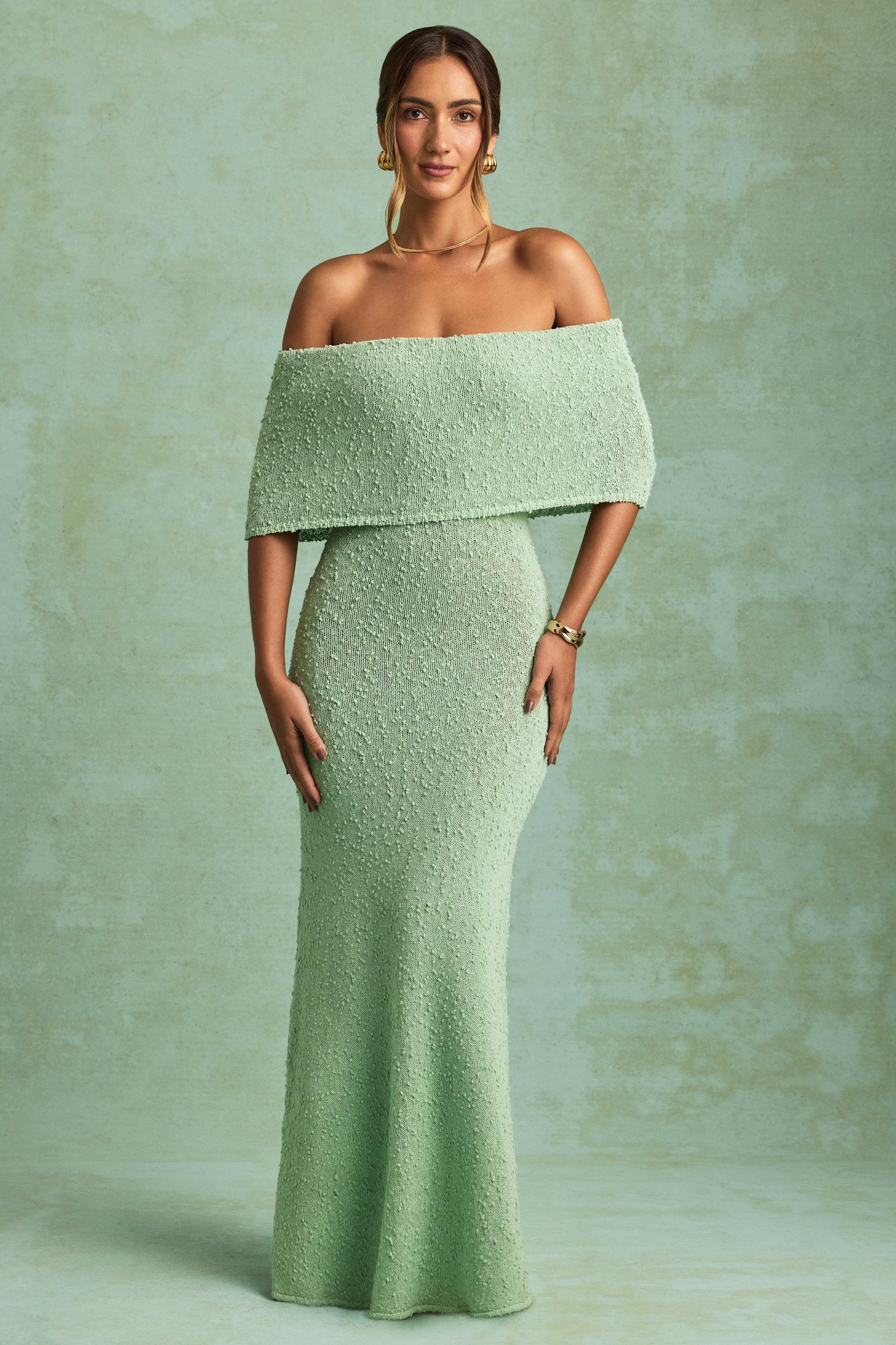 Bouclé Off-Shoulder Maxi Dress in Mint Girls Product Image