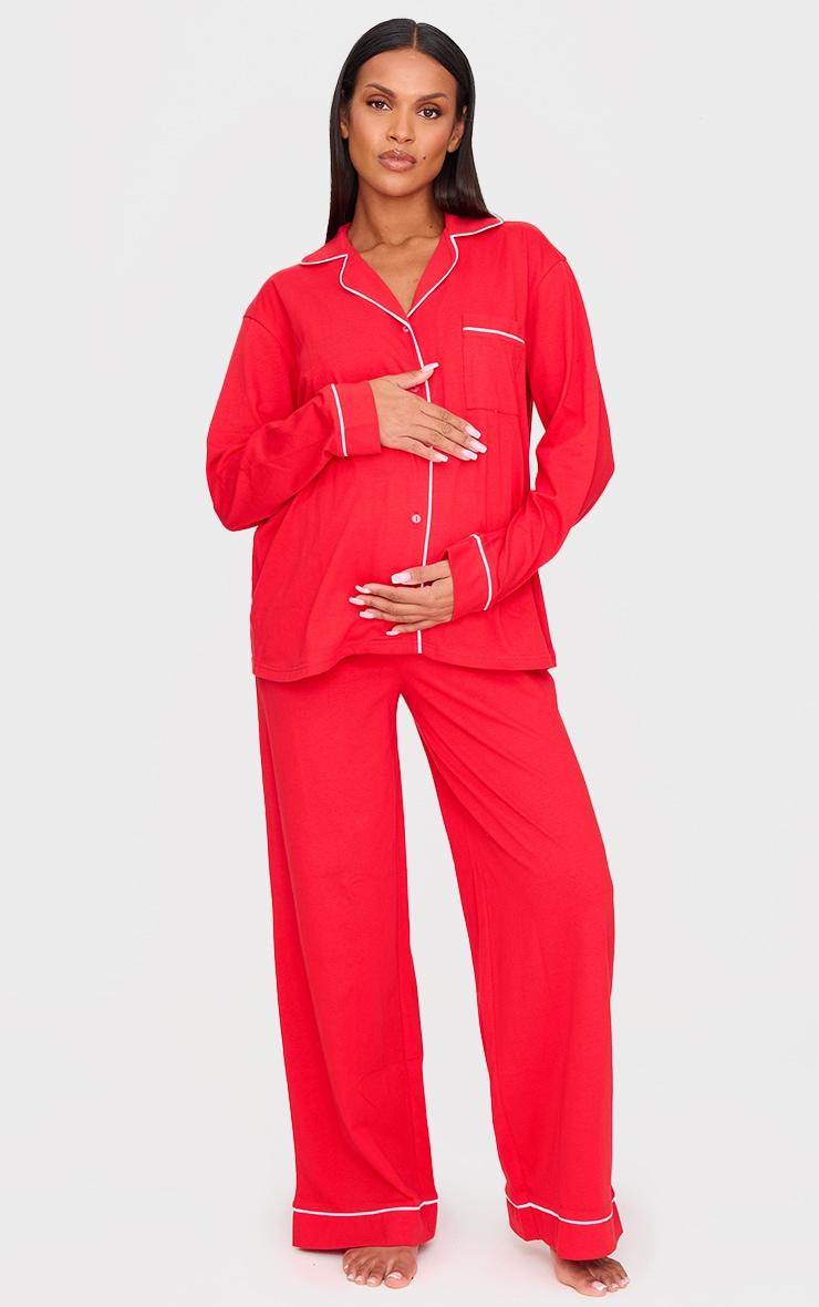 Maternity Red Jersey Piping Detail Long Pj Set Product Image