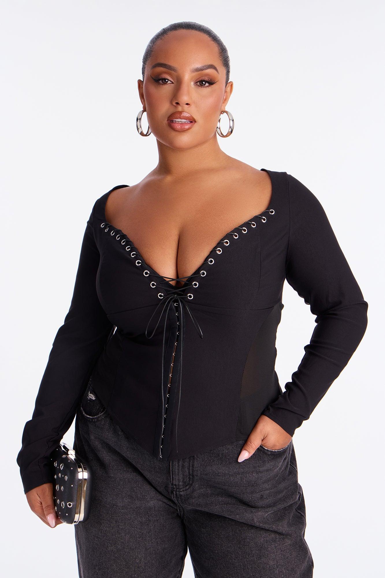Janet Lace Up Corset Long Sleeve Top - Black Female Product Image