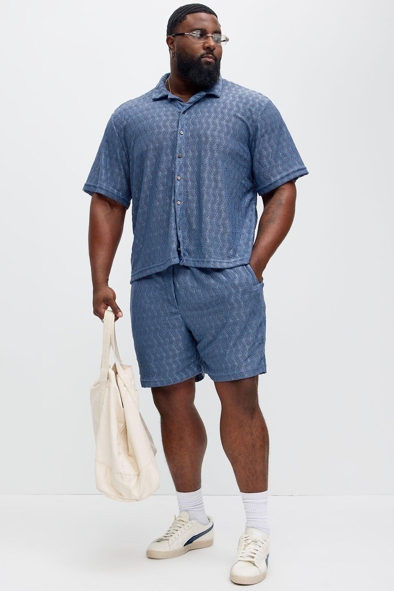 Echo Textured Short Sleeve Button Up - Blue Product Image