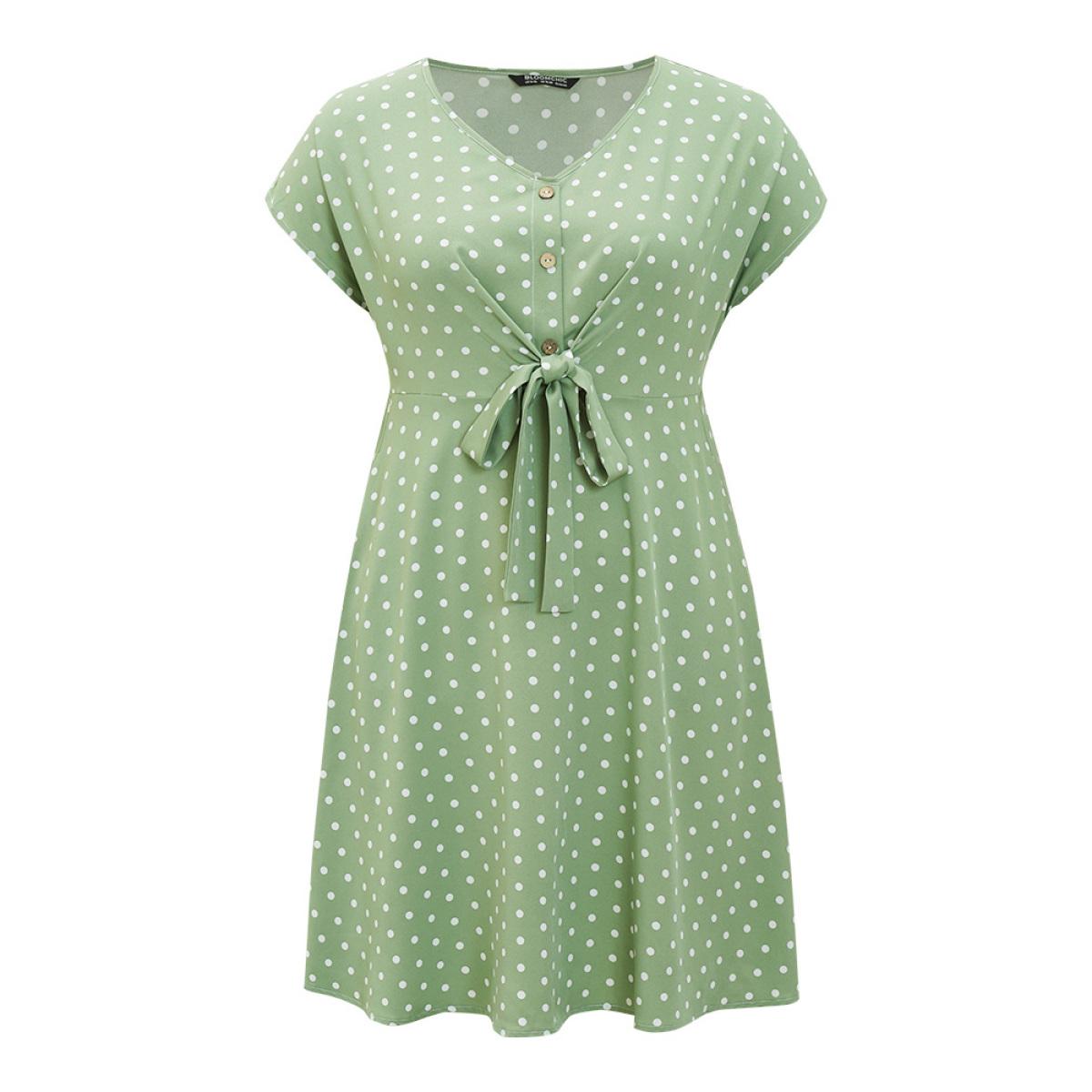 Plus Size Polka Dot Pocket Button Detail Twist Front Knee Dress Green Women Elegant Knotted V-neck Cap Sleeve Curvy Knee Dress BloomChic 14-16/1X Product Image