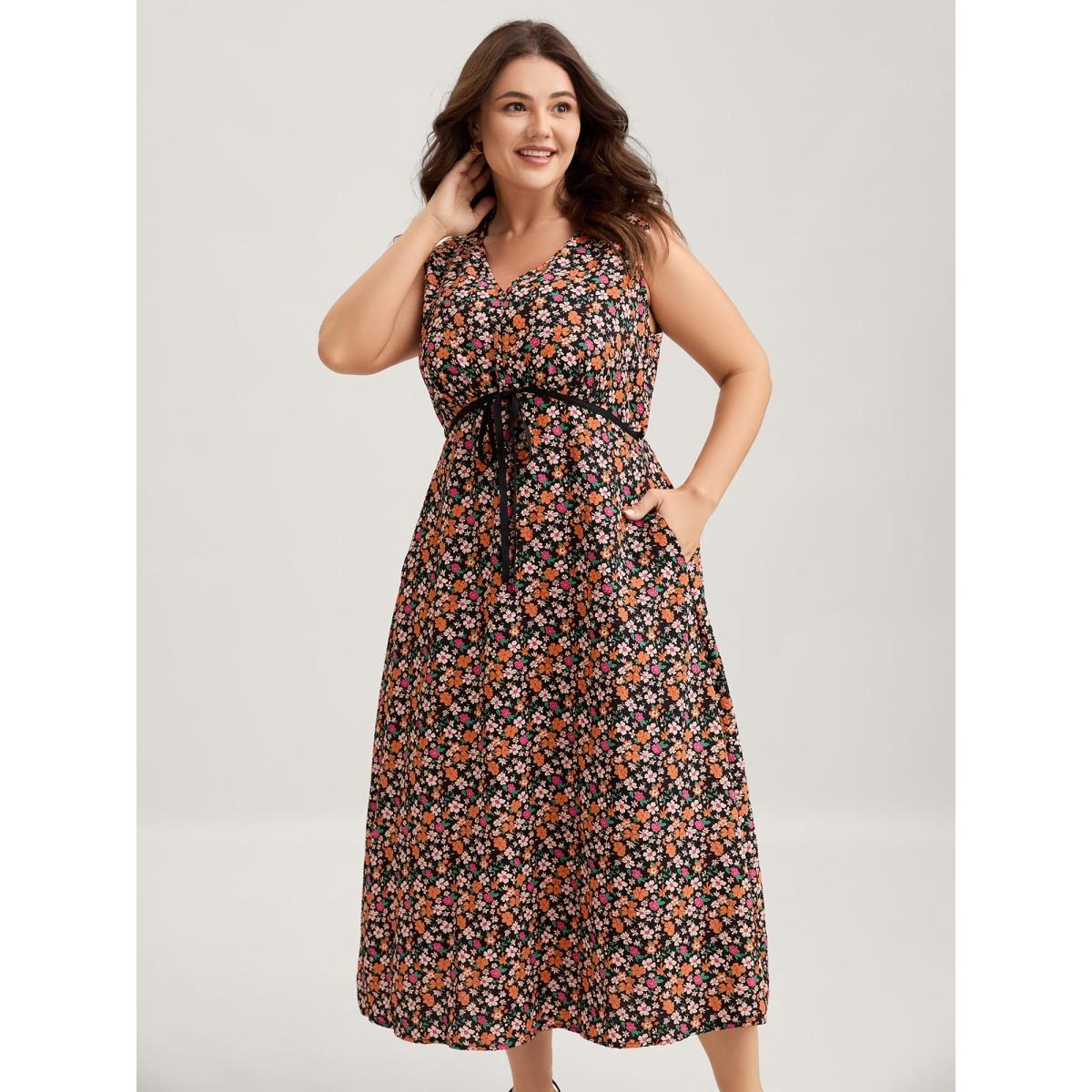 Plus Size Floral Waist Tie Side Pockets Midi Dress Black Women V-neck Sleeveless Curvy BloomChic 10/M Product Image