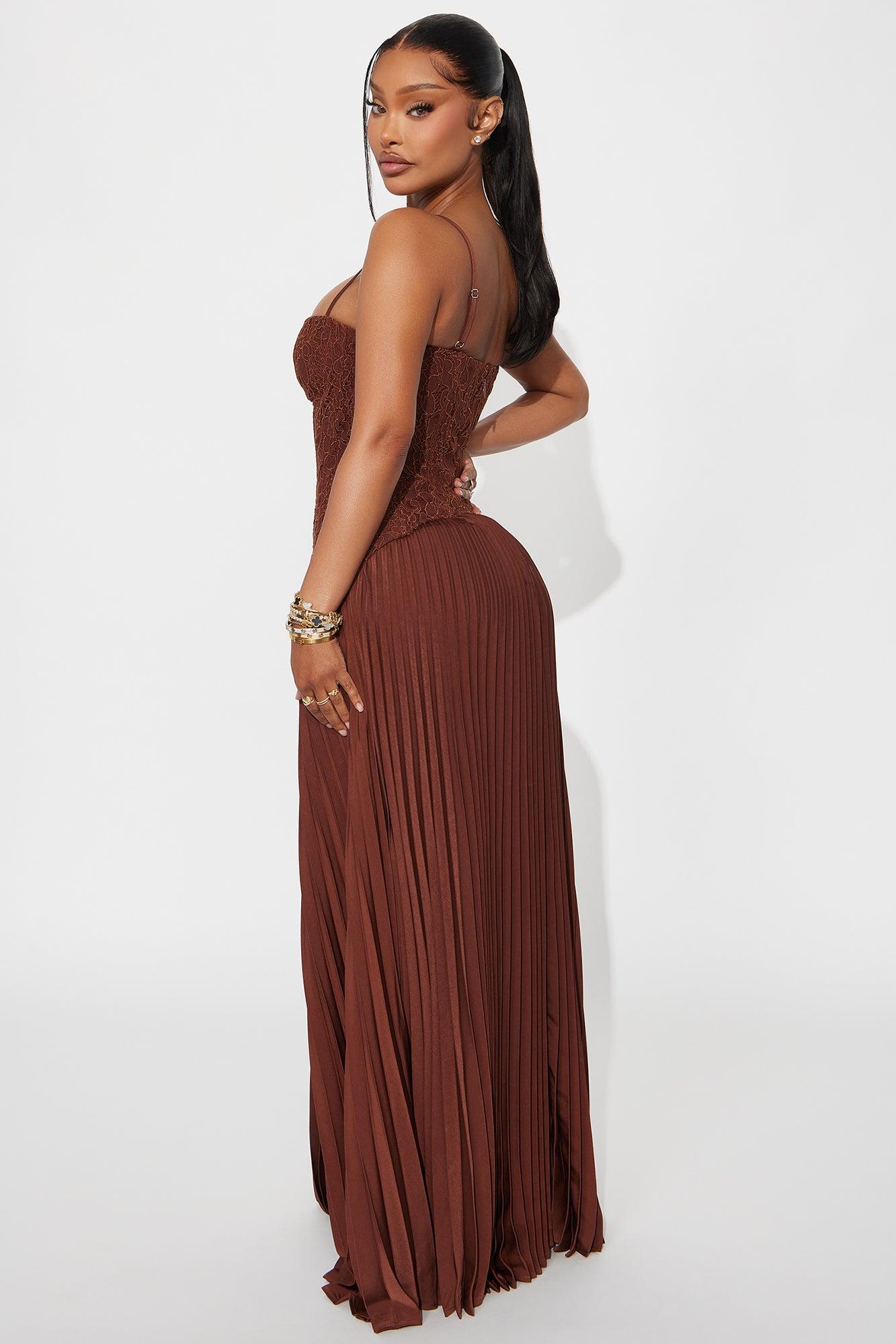 Daniella Lace Corset Pleated Maxi Dress - Chocolate Female Product Image
