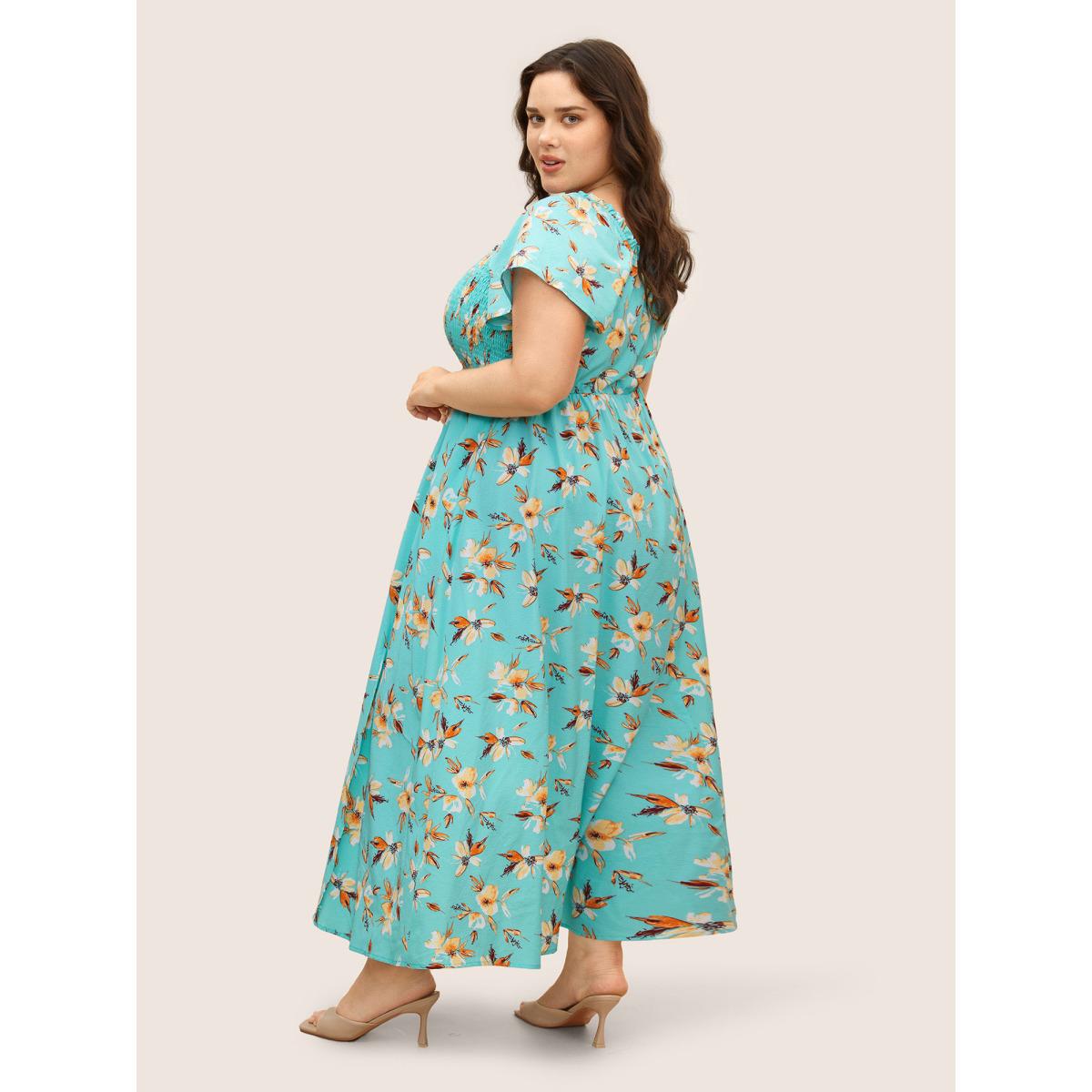Plus Size Floral Shirred Elastic Waist Split Hem Dress Turquoise Women Elegant Frill Trim Square Neck Short sleeve Curvy BloomChic 10/M Product Image