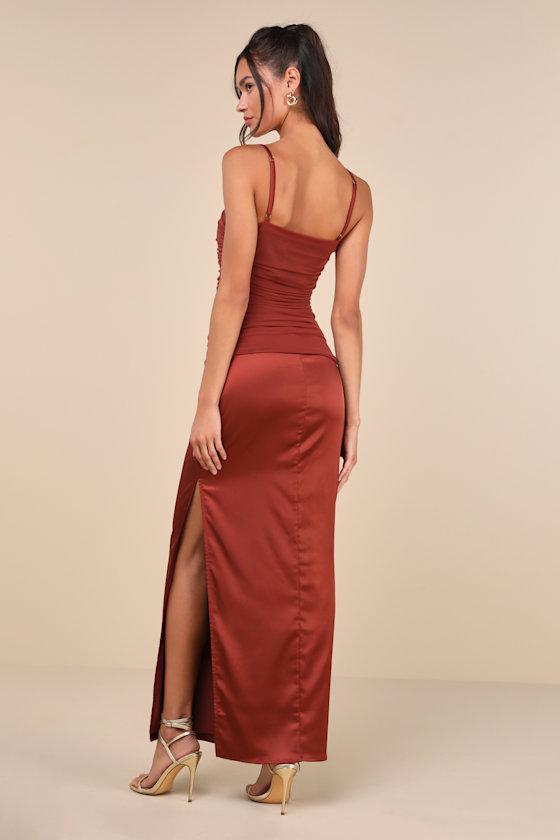 Perfected Essence Rust Brown Satin Mesh Ruched Maxi Dress Product Image