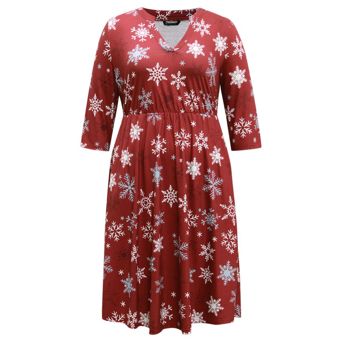 Plus Size Christmas Snowflake Print Pocket Notched Dress Scarlet Women Casual Gathered Notched collar Elbow-length sleeve Curvy Midi Dress BloomChic 12/L Product Image